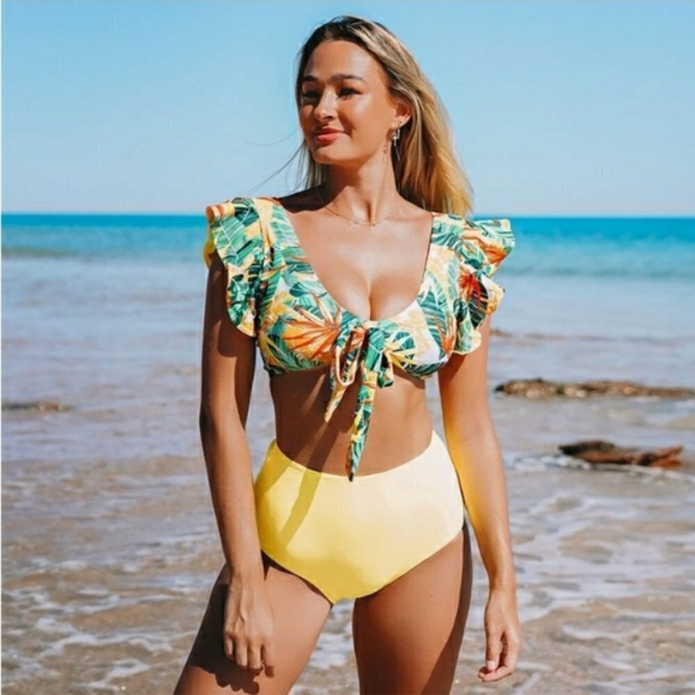 New Yellow High Waist Ruffle Hem Bikini Set